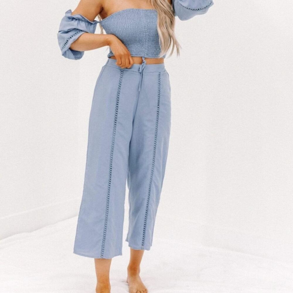 Blue Blush Lane 201 Periwinkle Blue Lattice Trim Wide Leg Pants Large NWT Boho